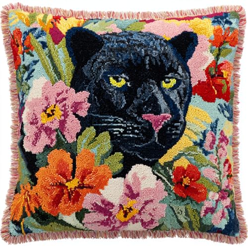 ANSIWEIGO Latch Hook Cushion Kit,Blumen Und Schwarzer Panther Knüpfkissen Set Knotting And Weaving Set Knüpfpackungen DIY Kissen Knüpfset Knüpfen Embroidery Kit 17x17 Zoll/43x43 cm von ANSIWEIGO