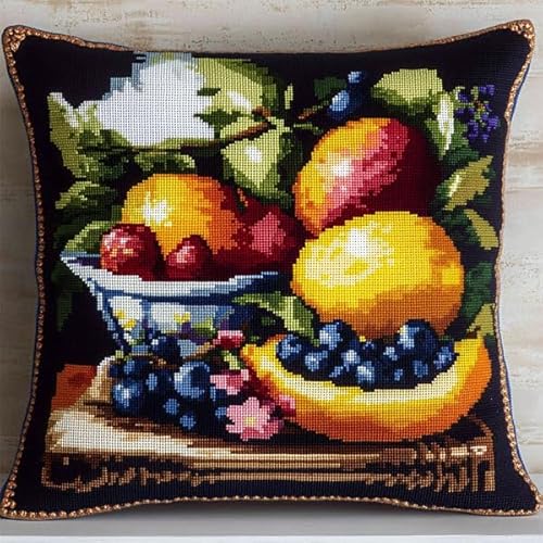 ANSIWEIGO Stickpackung Kissenhülle kreuzstich kissen set vorgezeichnet komplettes Stickset mit Stickvorlage Stickerei-Kit zum Selbersticken Erwachsene 45x45 cm,Stillleben Korb Obst von ANSIWEIGO