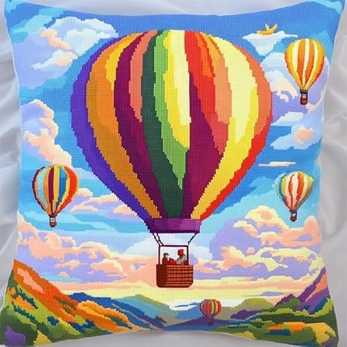 ANSIWEIGO sticken set erwachsene kreuzstich kissen,Stickbild vorgezeichnet,Kreuzstich Stickpackungen Cross Stitch Embroidery Kit Stickset Sticken Set Erwachsene Anfänger,45x45cm,Bunter Heißluftballon von ANSIWEIGO