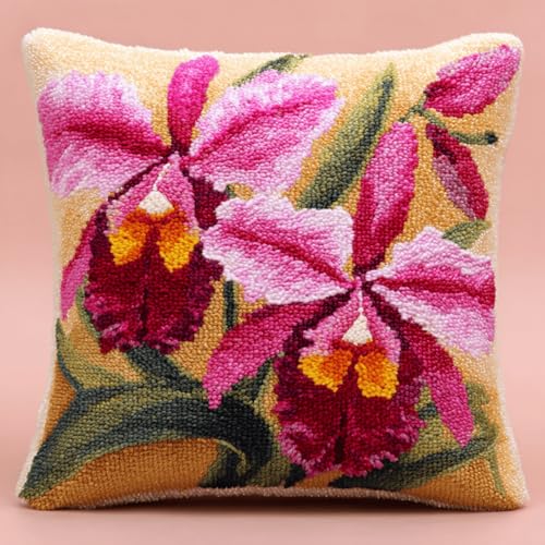 DIY Knüpfkissen Bezug 17x17 Zoll (43x43 cm) mit Latch Hook Kit,Knüpfset für Einsteiger & Profis (Kinder & Erwachsene),Selbstgemachte Deko Kissen,Orchidee von ANSIWEIGO