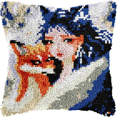 DIY Knüpfkissen Set 43x43cm für Erwachsene & Kinder,Latch Hook Kit mit Kissenbezug,3D Knüpfteppich zum Selbermachen,Stick- & Knüpf-Set als Heimdekoration oder Geschenk,Anime Fuchs und Mädchen von ANSIWEIGO