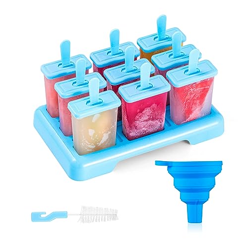 ANSMIO Eisformen 9 Eisförmchen wiederverwendbar Formen Eiscreme DIY Ideen Eis am Stiel BPA Frei - kommt mit einer Reinigungsbürste und Silikon Falttrichter(Blau) von ANSMIO