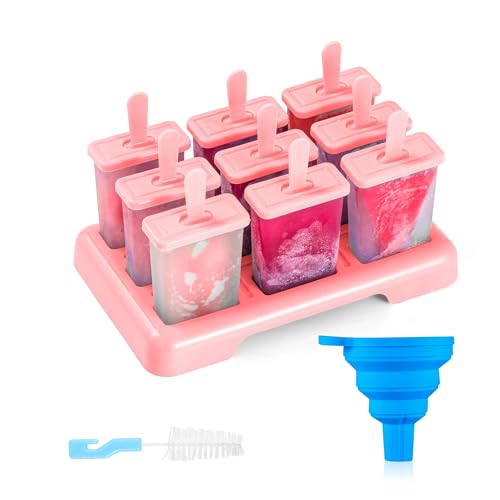 ANSMIO Eisformen 9 Eisförmchen wiederverwendbar Eis am Stiel Formen Eiscreme Formen DIY Ideen Eis am Stiel BPA Frei - kommt mit einer Reinigungsbürste und Silikon Falttrichter(Neu Rosa) von ANSMIO
