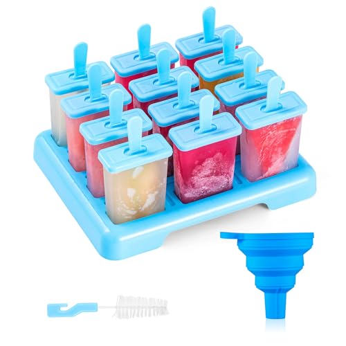 ANSMIO Premium Eisformen Set - 12 Wiederverwendbare Eis am Stiel Formen - Ideal für Eiscreme und DIY Desserts - BPA Frei - Inklusive Reinigungsbürste und Silikon Falttrichter von ANSMIO