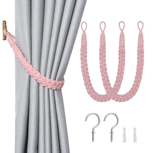 ANSNOW 2Er-Pack Vorhang-Raffhalter Aus Natürlichem Baumwollseil Im Boho-Stil, Dekorative Vorhang-Raffhalter, Handgewebte Seil-Vorhanghalter Mit Metallhaken Für Vorhänge Zu Hause Und Im Büro/Rosa/2Er von ANSNOW