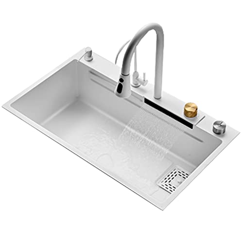 ANSNOW Küchenspüle, Weißes Waschbecken Aus 304-Nano-Edelstahl, Raindance Falls, Großer Einzelschlitz + Sauberer Wasserhahn + Seifenspender/Weiss/80 * 45Cm von ANSNOW