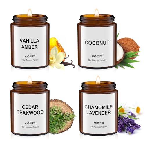 4PCS Massage-Kerzen für - Körperöl-Lotion - Geschenk-Set-512g (Frische Feigen, Kamille, klassische Vanille, Thymian und weißer Tee) von ANSOYER