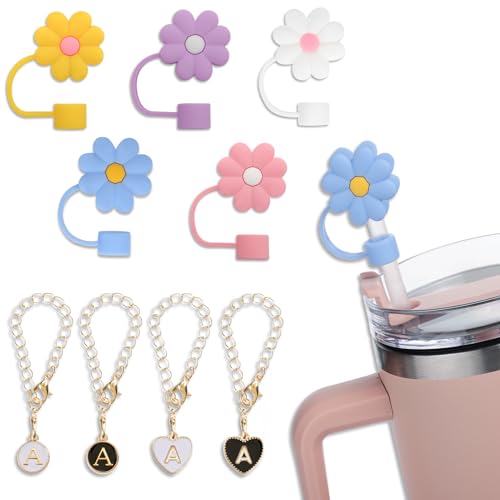 ANSUG 5 Stück Blume Silikon Strohhalm Abdeckung und Becherkette mit Monogrammiertem A Passend für Trinkbecher mit Strohhalm Niedliche Becher-Zubehör Wiederverwendbare Trinkhalmdeckel von ANSUG