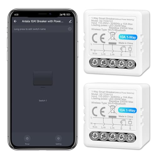 ANTELA Smart Relais Schalter WLAN und Bluetooth 10A 1Kanal, Kompatibel mit Alexa, Smart Life APP, Timer und Countdown, 2.4GHz, 2PCs von ANTELA
