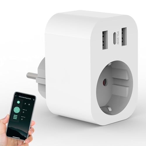 ANTELA Smart Wlan Steckdose mit Strommessung 2 USB A und 1 Typ-C (20W Schnellladen), Alexa/Google Home kompatibel, Stromverbrauch Messen, Smart Life APP, 2,4GHz, 16A 3680W von ANTELA