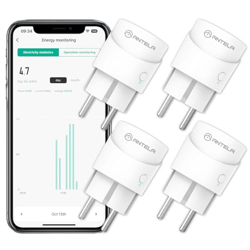 Alexa Steckdose Mini WLAN Steckdose mit Strommessung, ANTELA Smart Steckdose kompatibel mit Google Home, Zeitplan, Smart Life APP, 2,4GHz, 4PCs von ANTELA