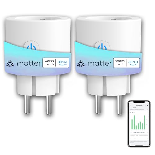 Matter WLAN Steckdose 16A 3680W Stromverbrauch Messen ANTELA Smart Stecker kompatibel mit Alexa,Google Home, HomeKit, SmartThings, APP Fernsteuerung, Überspannungsschutz, 2,4GHz, 2PCs von ANTELA