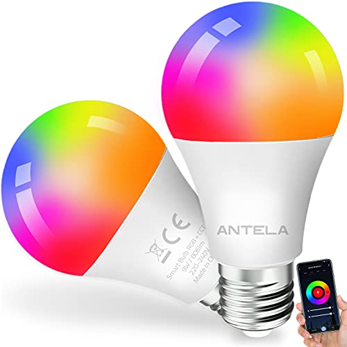 ANTELA Alexa Glühbirne E27 9W, Smart WLAN LED RGB Dimmbare Birne Lampe, App Steuern Kompatibel mit Google Home, Warmweiß (2700K) Kaltweiß (6500K), Kein Hub Benötigt, 2 Stück von ANTELA