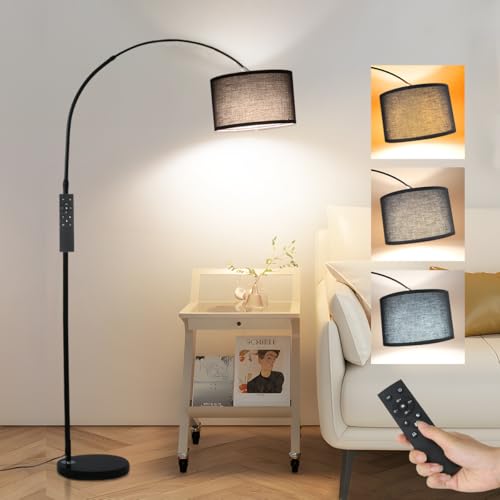 ANTENLICHT AURA Bogenlampe mit Fernbedienung Schwarz | Wohnzimmer Stehlampe Dimmbar | Inklusive LED E27 I Braun Stoffschirm 33 cm I Fußschalter I Bogenleuchte Vintage geeignet für Schlafzimmer, Hotel von ANTENLICHT