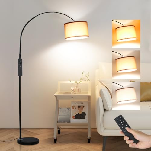 ANTENLICHT AURA Bogenlampe mit Fernbedienung | Wohnzimmer Stehlampe Dimmbar | Inklusive LED E27 I Braun Stoffschirm 33 cm I Fußschalter I Bogenleuchte Vintage geeignet für Schlafzimmer, Hotel von ANTENLICHT