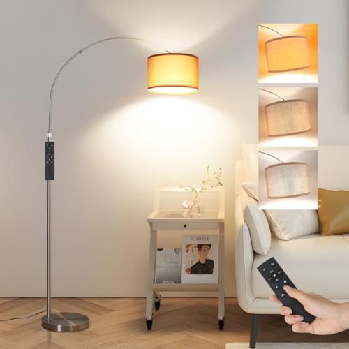 ANTENLICHT AURA Bogenlampe mit Fernbedienung | Wohnzimmer Stehlampe Dimmbar | Inklusive LED E27 I Braun Stoffschirm 33 cm I I Bogenleuchte Silber Vintage geeignet für Schlafzimmer, Hotel von ANTENLICHT