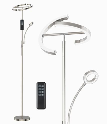 ANTENLICHT Stehlampe Dimmbar LED | Silber-Stehleuchte 20W mit flexibler 7W Leselampe | Modern deckenfluter mit fernbedienung mit 4 Farbtemperatur für Wohnzimmer, Schlafzimmer, Büro, Hotel von ANTENLICHT