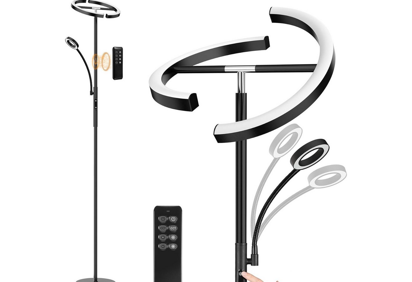 ANTENLICHT LED Stehlampe dimmbar mit Leselampe, 20W+7W, Fernbedienung, Flexibler Schwanenhals, Touchbedienung, Farbtemperatur (3000-6000K) von ANTENLICHT