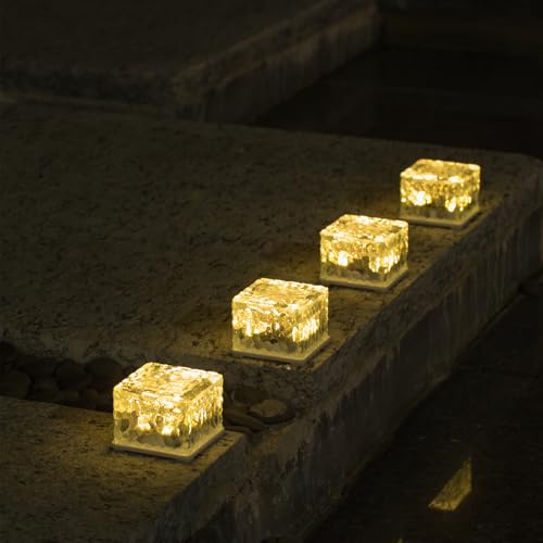 ANTEROOF Aktualisierte 4er-Set Glas Pflastersteine Außenleuchte Solarleuchten Solar Bodenleuchten Wegbeleuchtung mit 4 LED Außen Dekoration Lichter für Garten, Balkon und Terrasse,7x7x5cm,Warmweiß von ANTEROOF