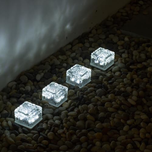 ANTEROOF Aktualisierte 4er-Set Glas Pflastersteine Außenleuchte Solarleuchten Solar Bodenleuchten Wegbeleuchtung mit 4 LED Außen Dekoration Lichter für Garten, Balkon und Terrasse,7x7x5cm,Weiß von ANTEROOF