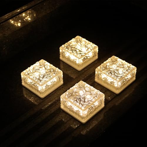 ANTEROOF Aktualisierte Solarleuchten 4er Set Solar Glas Pflastersteine mit 6 LED Außenleuchte Solarsteine für Außen Garten Wasserfest,Wasserdicht Wegbeleuchtung Solar,10X10X5cm,Warmweiß von ANTEROOF