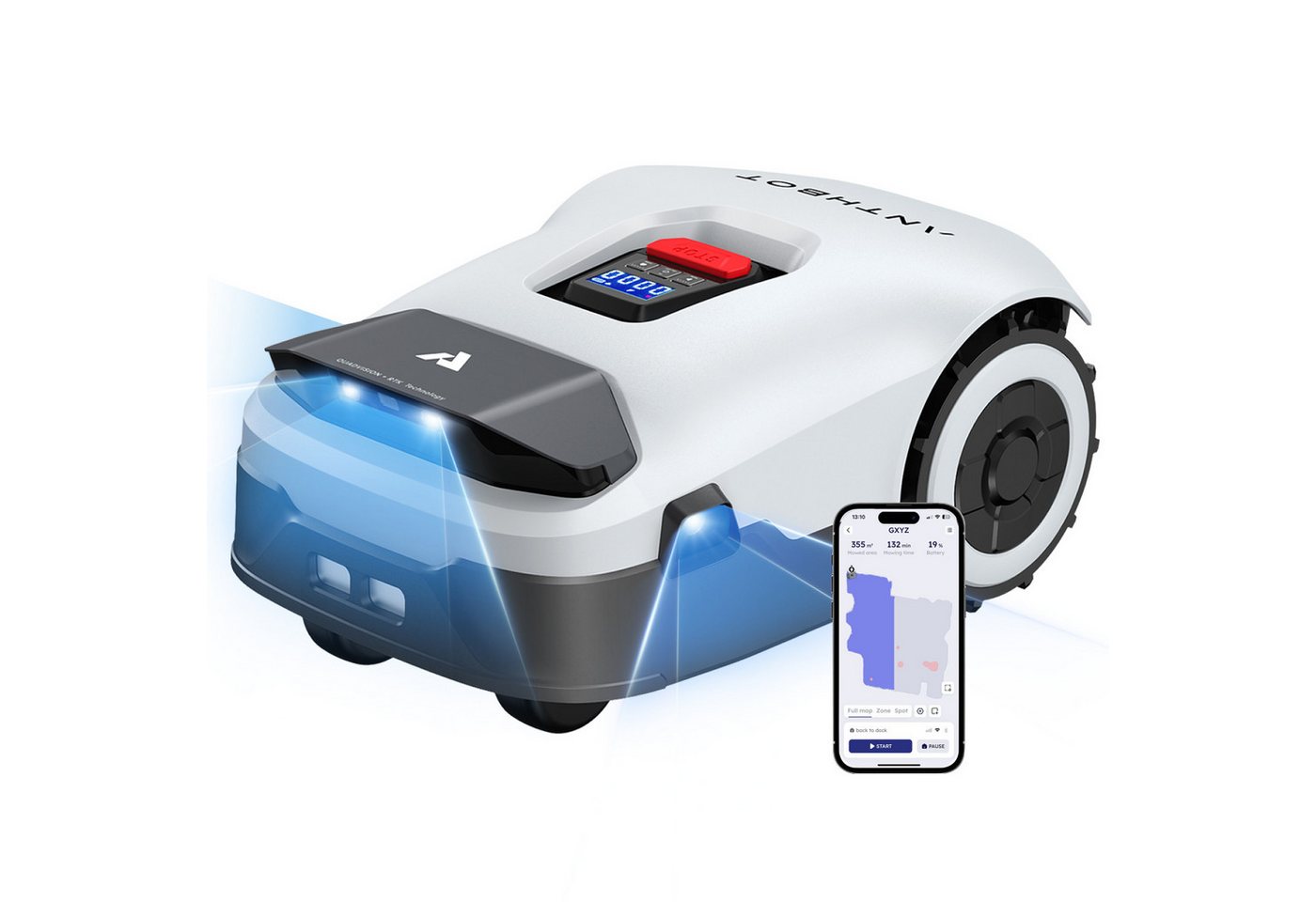 ANTHBOT Rasenmähroboter Genie 1000 Mähroboter ohne Begrenzungskabel, bis 2000 m² Rasenfläche, (Packung), RTK+4-Kamera Vision von ANTHBOT