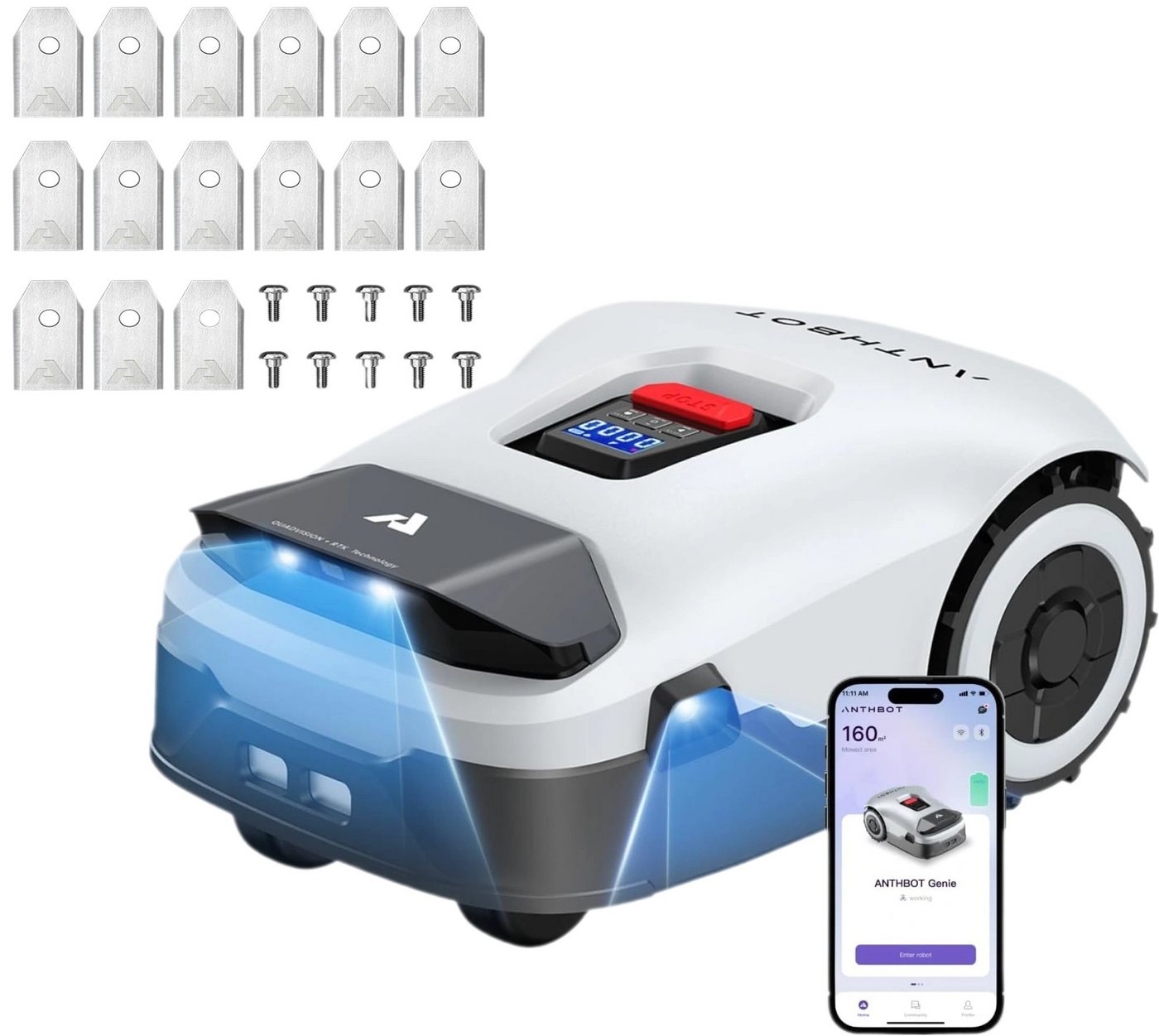 ANTHBOT Rasenmähroboter Genie1000 - Automatischer Mähroboter, 5000 mAh Akku, bis 2000 m² Rasenfläche, (Spar-Set, Ohne Begrenzungskabel • RTK+4-Kamera Vision • KI-Hindernisvermeidung), Kantenfunktion, Max.20 Mehrzonen-Management, WiFi/Bluetooth von ANTHBOT