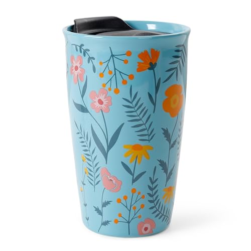 ANTIS'S HOME Keramik Coffee to go Becher mit Silikondeckel, Doppelwandiger Thermobecher 280 ml, Blau Blumenmuster Isolierter Porzellan Kaffeebecher für Auto & Büro, Wiederverwendbarer Trinkbecher von ANTIS'S HOME