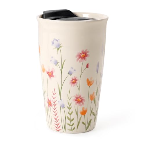 ANTIS'S HOME Keramik Coffee to go Becher mit Silikondeckel, Doppelwandiger Thermobecher 280ml mit Blumenmuster, Isolierter Porzellan Kaffeebecher für Auto & Büro, Wiederverwendbarer Trinkbecher, Beige von ANTIS'S HOME