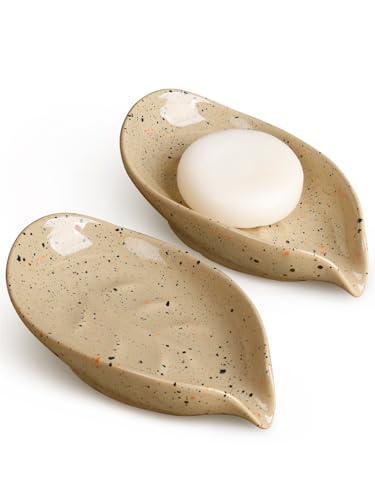ANTIS'S HOME Keramik Seifenschale in Blattform, 2er-Set – Beige Seifenhalter aus Porzellan für Bad & Küche, rutschfest & Mit Wasserablauf von ANTIS'S HOME