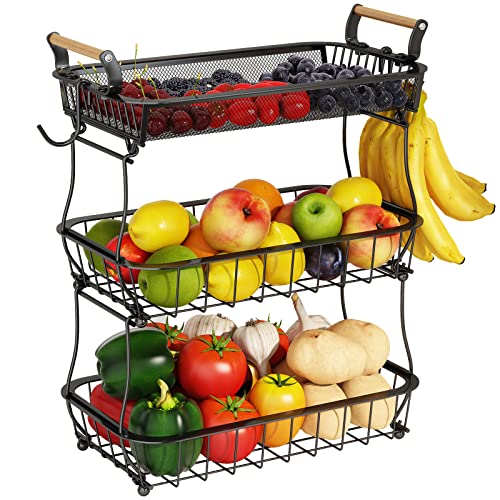 ANTOPY Obstkorb mit 3 Etagen und 2 Bananenaufhängern, Obst-Gemüsekorb, Schüssel für Küche, Theke, Metallgitterkorb, Obstständer, Produkthalter, Organizer für Zwiebeln, Kartoffeln, Brot, Snacks, Gemüse von ANTOPY