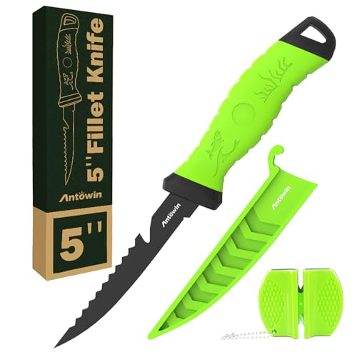 ANTOWIN 12,7 cm Fishing Edelstahl Filetiermesser Set mit Messer-Schärfer, Ergonomischer ABS Griff, Biegsam und Extrem Scharfe Klinge, für Fisch & Fleisch von ANTOWIN