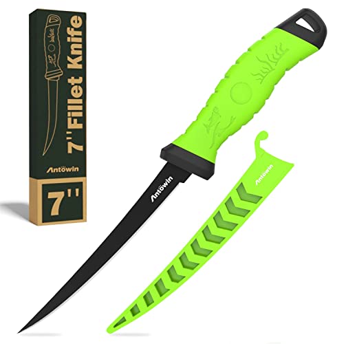 ANTOWIN 17,8 cm Fishing Edelstahl Filetiermesser Set mit Messer-Schärfer, Ergonomischer ABS Griff, Biegsam und Extrem Scharfe Klinge, für Fisch & Fleisch von ANTOWIN