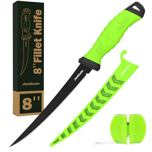 ANTOWIN 20,3 cm Fishing Edelstahl Filetiermesser Set mit Messer-Schärfer, Ergonomischer ABS Griff, Biegsam und Extrem Scharfe Klinge, für Fisch & Fleisch von ANTOWIN