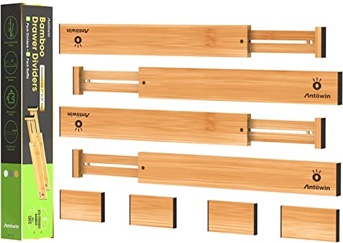 ANTOWIN Schubladentrenner Verstellbar Bambus (43-56 cm), Schubladen organizer, gefedert, Küche, Kommode, Badezimmer, Schlafzimmer, Babyschublade, Schreibtisch Ordnungssystem von ANTOWIN