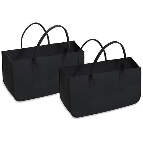 ANTUREBAY Filztaschen 2 Stück Kaminholztasche Filz, Groß Kaminholzkorb Filztasche Shopper Faltbar Filz Einkaufskorb für Holz Zeitungen Kaminholz Filztasche Maße (Schwarz-2 Pcs Set) von ANTUREBAY