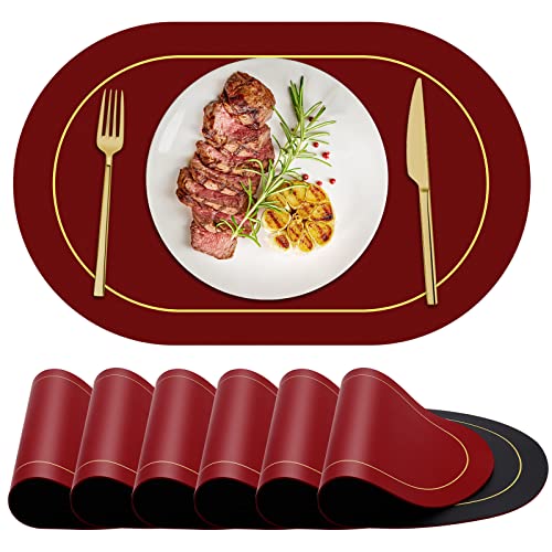 ANUNU Ovale Tischsets 6er Set, Leder Tischsets Abwaschbar Doppelseiten Farbe Platzset Außentischsets für Esstisch, Küche (weinrot und schwarz) von ANUNU