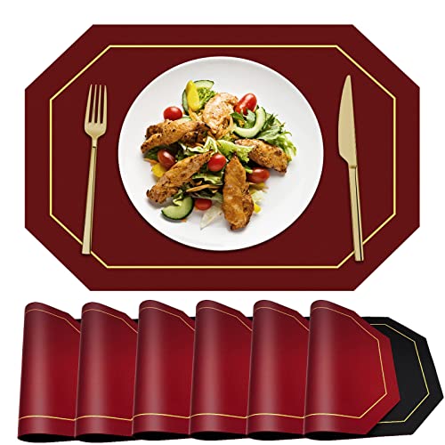 ANUNU Ovale Tischsets Platzset 6er Set, Leder Tischsets Abwaschbar Doppelseiten Farbe Platzset Wasserdicht Innen- und Außentischsets für Esstisch, Küche, Restaurant (Rot und schwarz) von ANUNU
