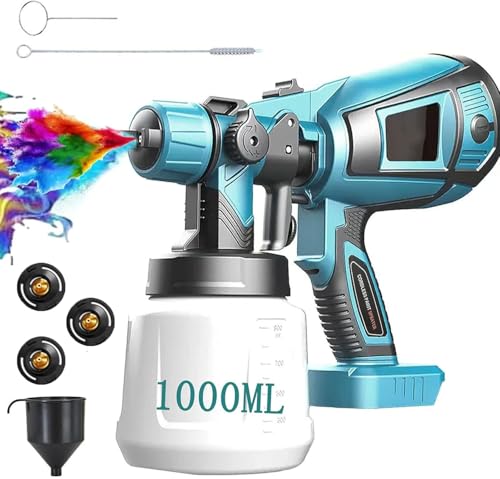 Akku Farbsprühsystem,kompatibel mit Makita 18V Akkus, Elektro Lackierpistole Farbsprühpistole mit 3 Düsen, 3 Spritzmuster,1000ml farbsprühgerät,zum Streichen von Wänden Gartenzaun（ohne Akku） von ANUPTTA