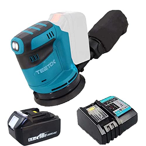 Akku Schleifmaschine, 18V Li-Ion mit 5500mAh Akku und DC18RC Ladegerät Ersetzen für Makita,3 Leistungsstufe von 7500-12000/min, 4PCS Schleifpapier von ANUPTTA