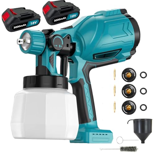 Farbsprühsystem, kompatibel mit Makita 18V, 1000ML Behälter, 1000 ml/min mit Reinigungs & Blasanschlüssen, 3 Düsen & 3 Sprühmuster, Einstellbarer Durchfluss,für Möbel, Wände & Zäune(2x3000mAh Akku) von ANUPTTA