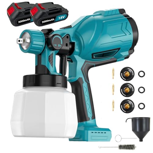 Kabellos Farbsprühsystem, kompatibel mit Makita, Elektrische Spritzpistole, 1000ML Behälter, 1000 ml/min, 3 Düsen & 3 Sprühmuster, Einstellbarer Durchfluss,für Möbel, Wände & Zäune(2x3000mAh Akku) von ANUPTTA
