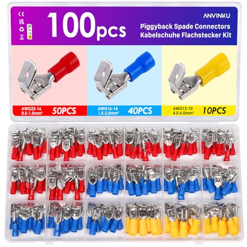 ANVINKU 100 Stück Piggy Back Kabelschuhe Flachstecker Kit, 22-10 AWG (0.5-6mm²) Kabelschuhe Set, Isolierte Abzweighülse, Flachsteckhülsen Set für Automotive, Motorrad und Haushaltsgeräte von ANVINKU