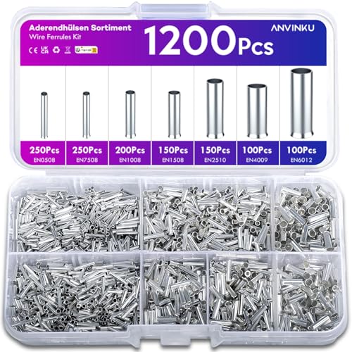 ANVINKU 1200 Stück Aderendhülsen Set, 7 Arten Unisoliert Aderendhülsen Sortiment, 10-22 AWG Unisolierte Aderendhülsens Set für DIY elektrische Projekt (0,5/0,75/1/1,5/2,5/4,0/6,0mm²) von ANVINKU