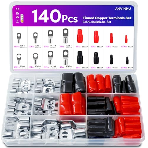 ANVINKU 140 Stück Rohrkabelschuhe, 25mm² 16mm² 10mm² 6mm² Kabelschuhe Set für Kfz Batteriekabel Set, 70 Rohrkabelschuhe Set + 70 Hülse, SC Rohrkabelschuh Set, Kabelschuhe für Kfz Auto Boote ANVINKU 140 Stück Rohrkabelschuhe, 25mm² 16mm² 10mm² 6mm² Kabelschuhe Set für Kfz Batteriekabel Set, 70 Rohrkabelschuhe Set + 70 Hülse, SC Rohrkabelschuh Set, Kabelschuhe für Kfz Auto Boote von ANVINKU