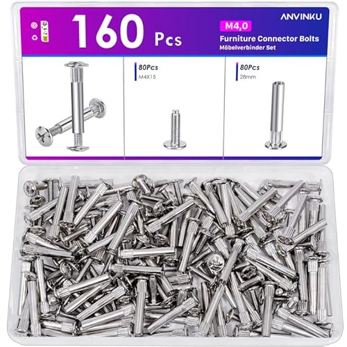 ANVINKU 160 Stück Möbelverbinder Schrankverbinder, M4 x 31-40 mm Verbindungsschrauben (80 x Möbelschrauben & 80 x Hülsenschrauben), Vernickelter Stahl Möbelverbinder Schrauben für Möbel, Schränken von ANVINKU