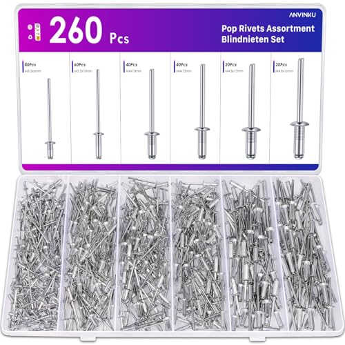 ANVINKU 260 Stück Blindnieten Set, Nieten Aluminium Blindnieten, M3.2/M4/M4.8 Popnieten, Alu Nieten Set für Metall, Holz, Möbel und Schiffsbau von ANVINKU