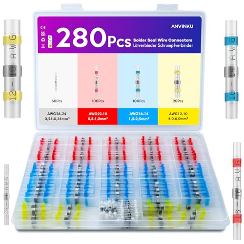 ANVINKU 280 Stück Lötverbinder Schrumpfverbinder Set, 4 Types Kabelverbinder Wasserdicht, Kabel Lötverbinder mit Schrumpfschlauch für Schiffsfahrzeug-Elektrotechnik, Lötverbinder Set von ANVINKU