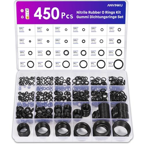 ANVINKU 450 Stück O Ringe Sortiment, 24 Größen Dichtungsringe Set, Nitril Gummidichtung Rund, Schwarz Gummi O-Ring, Gummi Dichtungen Ringe Kit für Elektrische Hydraulik, Wasserhähne, Rohre von ANVINKU