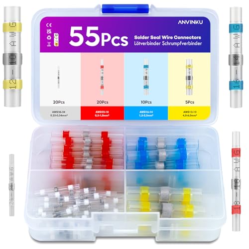 ANVINKU 55 Stück Lötverbinder Schrumpfverbinder Set, 4 Types Kabelverbinder Wasserdicht, Kabel Lötverbinder mit Schrumpfschlauch für Schiffsfahrzeug-Elektrotechnik, Lötverbinder Set ANVINKU 55 Stück Lötverbinder Schrumpfverbinder Set, 4 Types Kabelverbinder Wasserdicht, Kabel Lötverbinder mit Schrumpfschlauch für Schiffsfahrzeug-Elektrotechnik, Lötverbinder Set von ANVINKU
